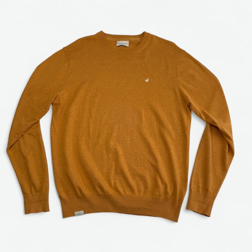Brooksfield Sweater Mens Large Mustard Brown Cotton Crewneck Pullover Bird Logo
